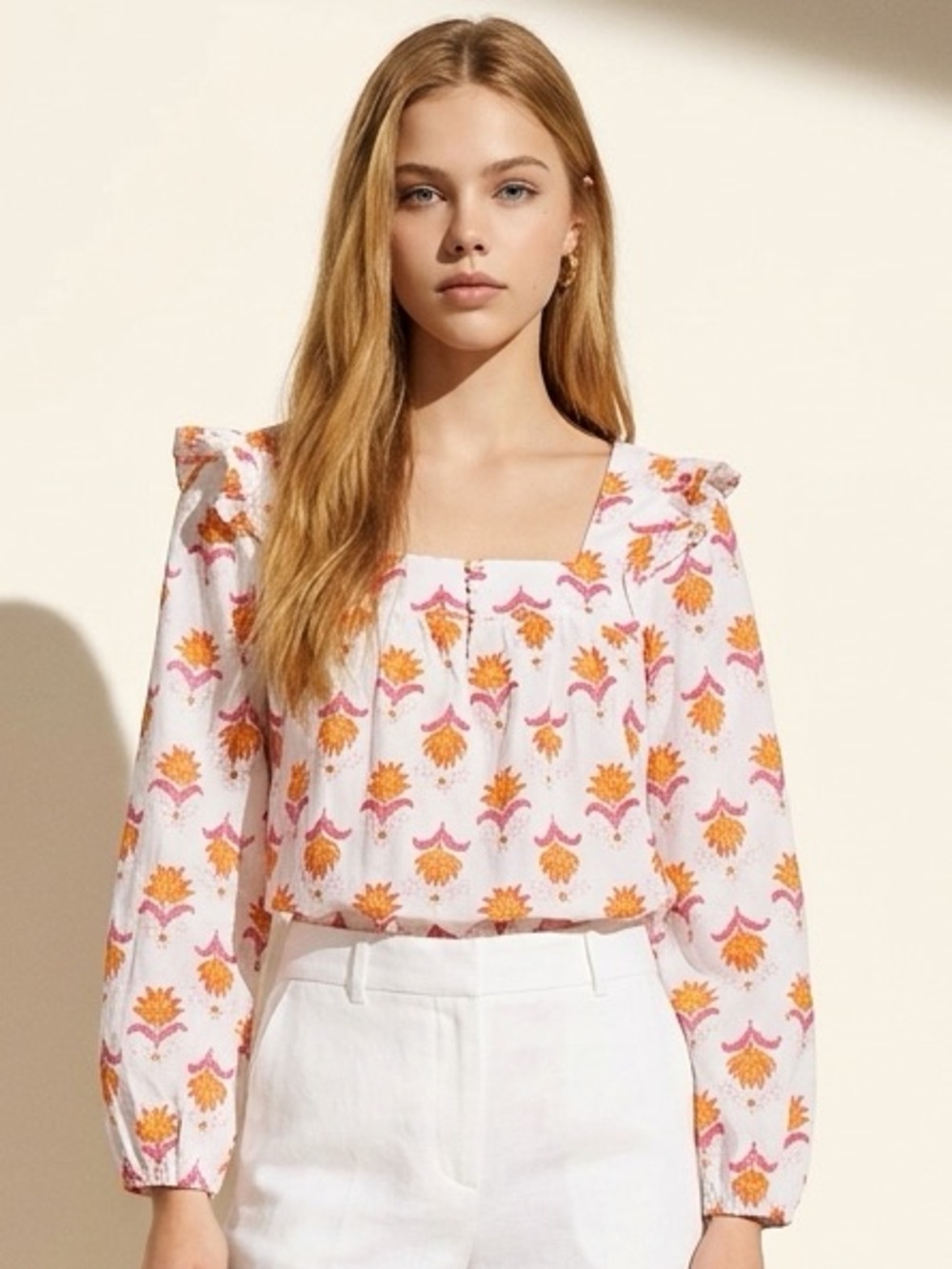 J.CREW White Orange Pink Floral Square Neck Ruffle Puff Sleeve Blouse PM